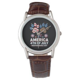 Leopard American Flag Hearts Cute 4th of July Watch