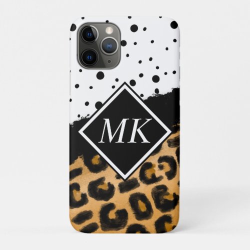 Leopard and Black and White Polka Dots Monogrammed iPhone 11 Pro Case