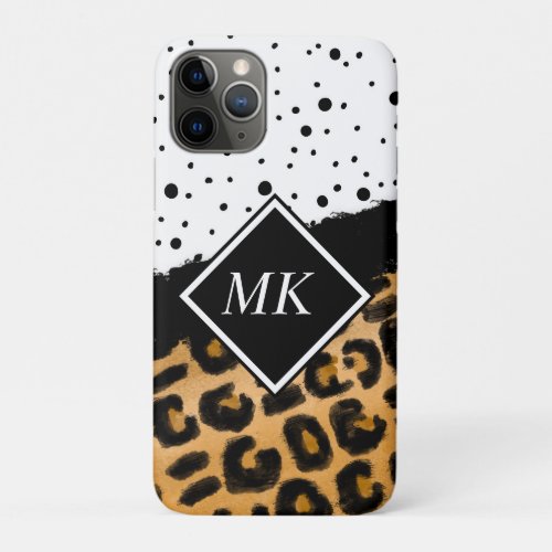 Leopard and Black and White Polka Dots Monogrammed iPhone 11 Pro Case