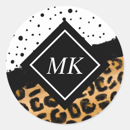 Leopard and Black and White Polka Dots Monogrammed Classic Round Sticker