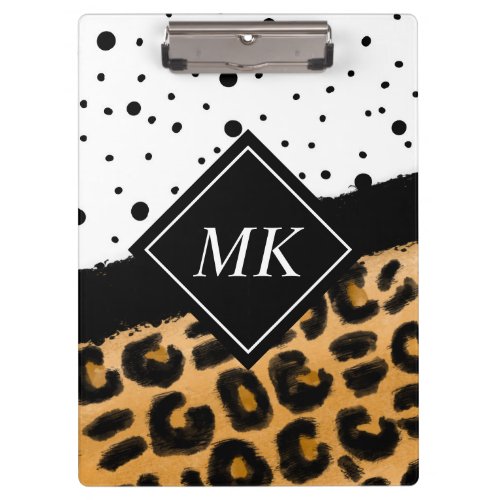 Leopard and Black and White Polka Dots Monogrammed Clipboard