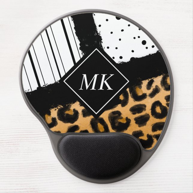 Leopard and Black and White Polka Dots Monogrammed Gel Mouse Pad (Front)