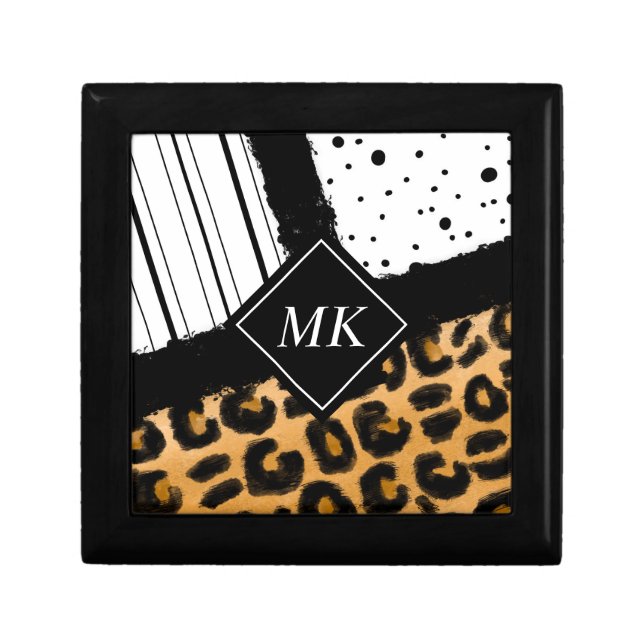 Leopard and Black and White Polka Dots Monogrammed Gift Box (Front)