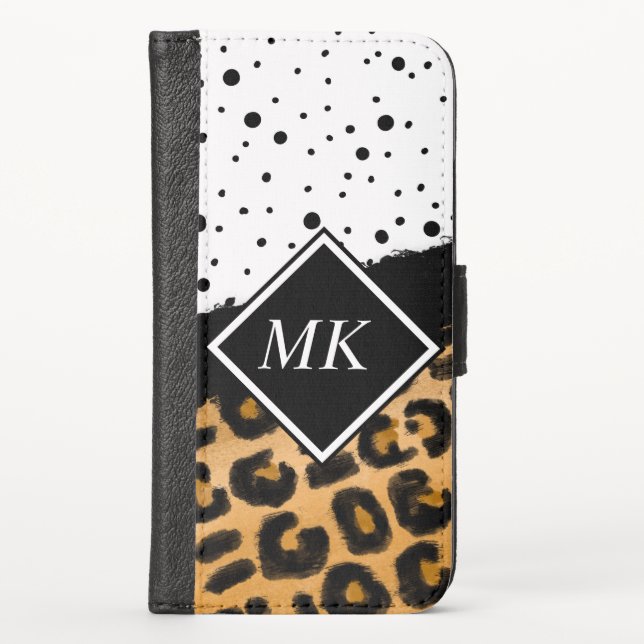 Leopard and Black and White Polka Dots Monogrammed iPhone Wallet Case (Front)