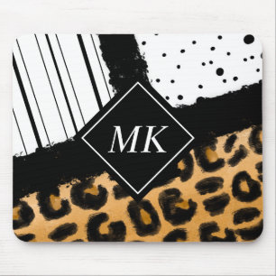 Leopard and Black and White Polka Dots Monogrammed Mouse Pad