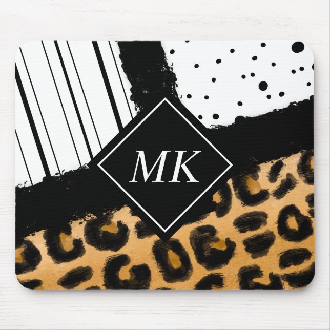 Leopard and Black and White Polka Dots Monogrammed Mouse Pad (Front)