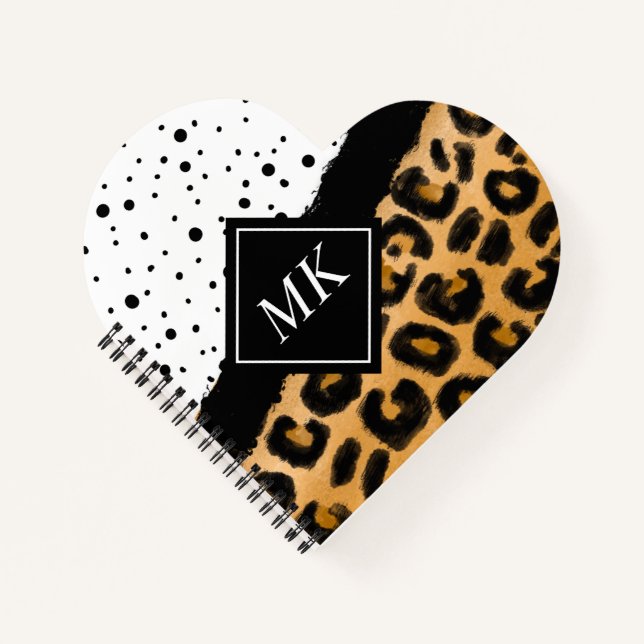 Leopard and Black and White Polka Dots Monogrammed Notebook (Front)