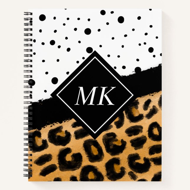Leopard and Black and White Polka Dots Monogrammed Notebook (Front)