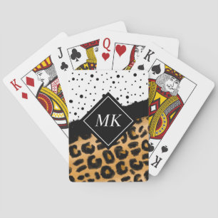Leopard and Black and White Polka Dots Monogrammed Poker Cards