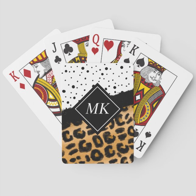 Leopard and Black and White Polka Dots Monogrammed Poker Cards (Back)