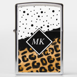 Leopard and Black and White Polka Dots Monogrammed Zippo Lighter
