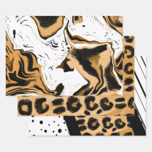 Leopard and Black and White Stripes and Polka Dots Wrapping Paper Sheets