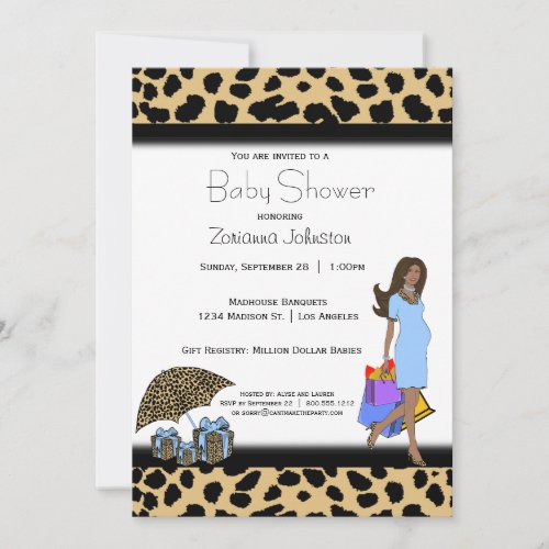 Leopard And Blue Print African American Mommy Personalized Announcements