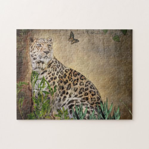 Leopard and Butterfly Wildlife Photo Jigsaw Puzzle