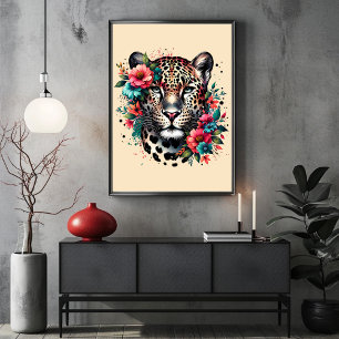Leopard and Flowers in Stunning Watercolor Poster