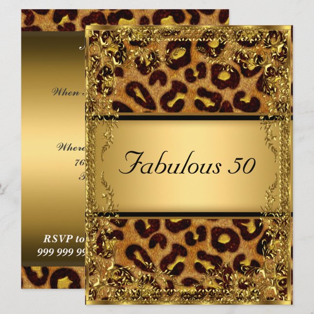 Leopard  and Gold Fabulous at 50 Birthday Party Invitation (Front/Back)