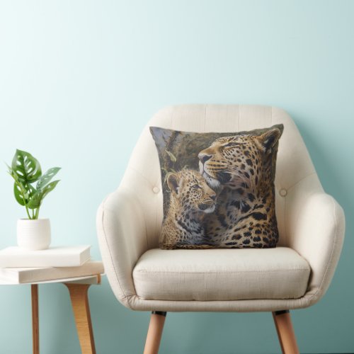 Leopard And Her Cub Portrait Throw Pillow