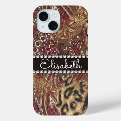 Leopard and Paisley Pattern Add Name iPhone 15 Case
