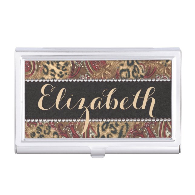 Leopard and Paisley Pattern Print to Personalize Business Card Holder (Front)