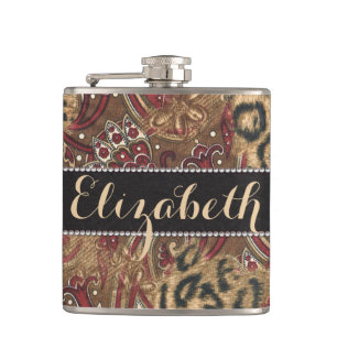 Leopard and Paisley Pattern Print to Personalize Hip Flask