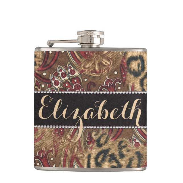 Leopard and Paisley Pattern Print to Personalize Hip Flask (Front)