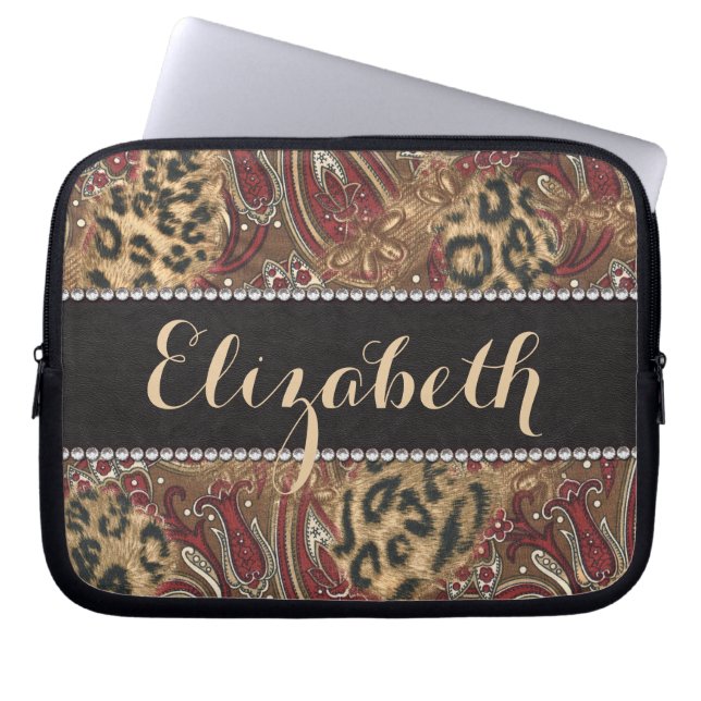 Leopard and Paisley Pattern Print to Personalize Laptop Sleeve (Front)