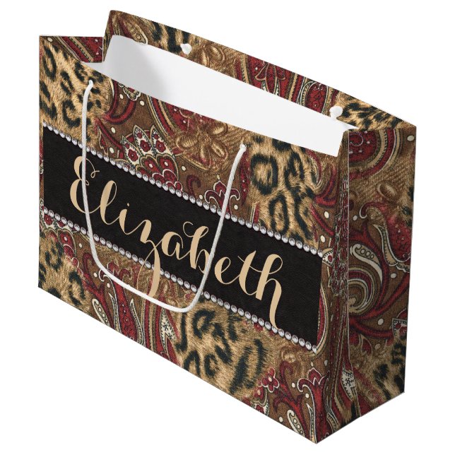 Leopard and Paisley Pattern Print to Personalize Large Gift Bag (Front Angled)