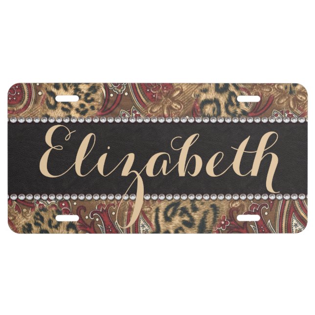 Leopard and Paisley Pattern Print to Personalize License Plate (Front)