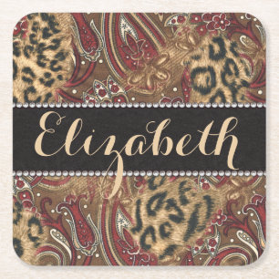Leopard and Paisley Pattern Print to Personalize Square Paper Coaster
