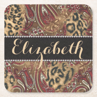 Leopard and Paisley Pattern Print to Personalize Square Paper Coaster