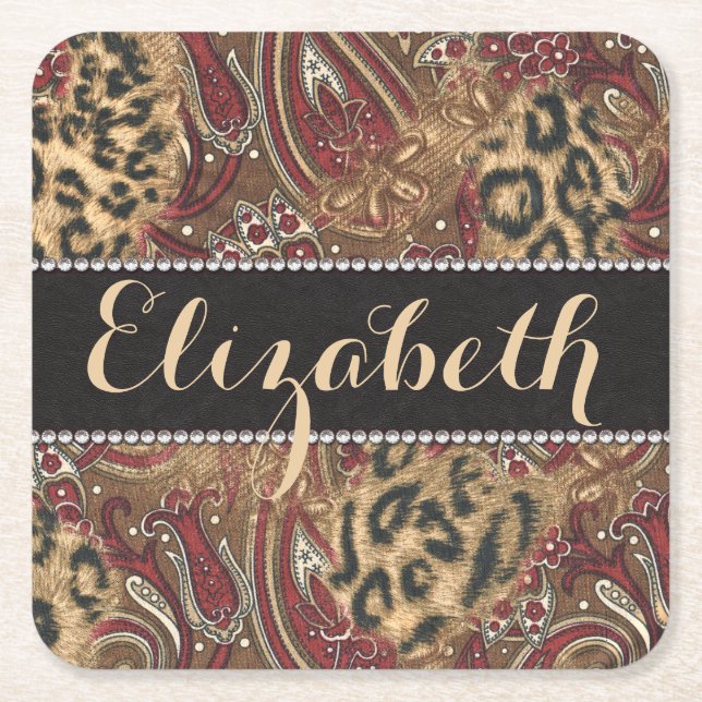 Leopard and Paisley Pattern Print to Personalize Square Paper Coaster (Front)