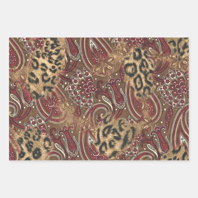 Leopard and Paisley Pattern Print Wrapping Paper Sheets (Front)