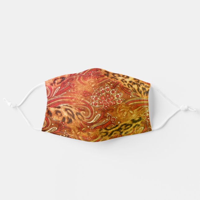 Leopard and Paisley Print Hot Orange Adult Cloth Face Mask (Front, Unfolded)