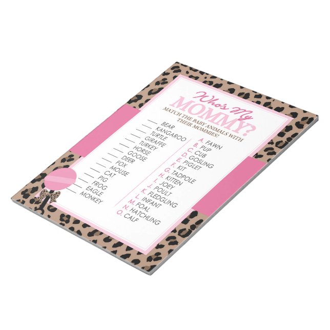 Leopard and Pink Baby Animal Shower Game Notepad (Angled)