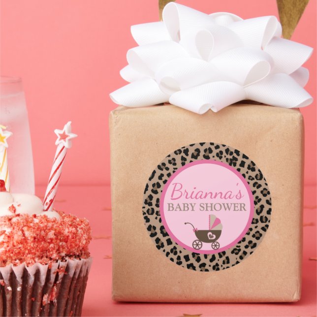Leopard and Pink Baby Shower Classic Round Sticker (Party)