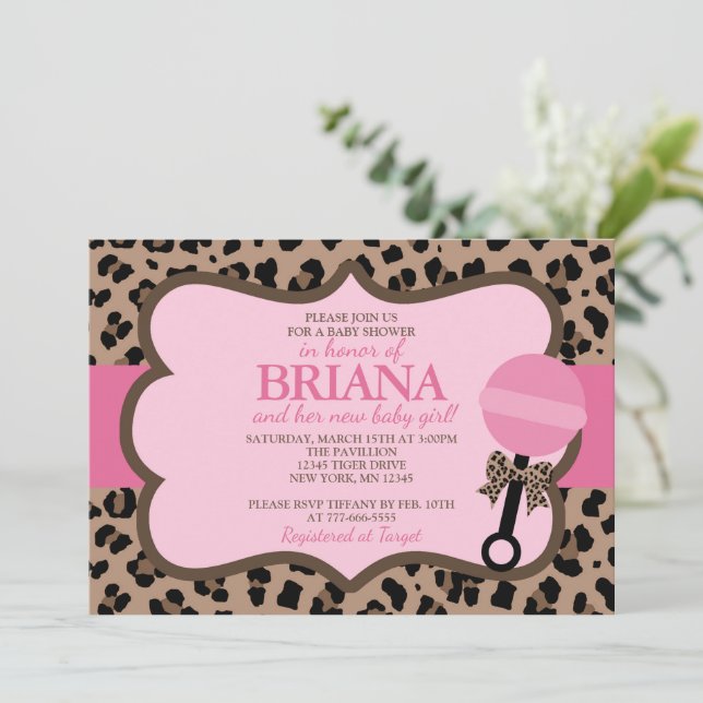 Leopard and Pink Baby Shower Invitation (Standing Front)