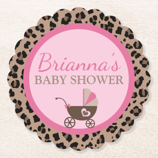 Leopard and Pink Baby Shower Paper Coaster (Front)