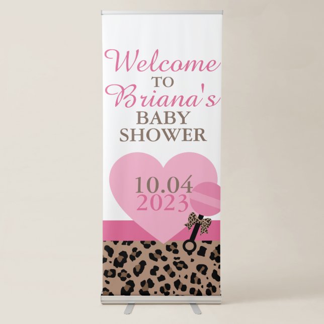 Leopard and Pink Baby Shower Welcome Retractable Banner (Front)
