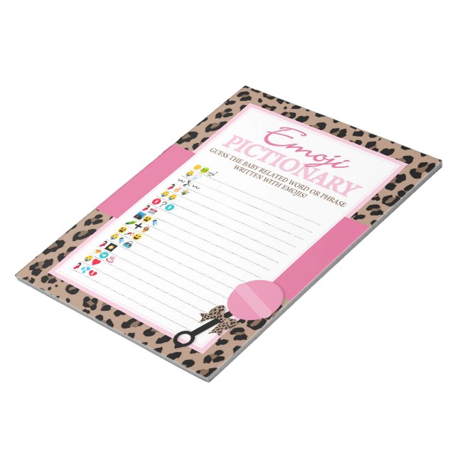 Leopard and Pink Emoji Pictionary Baby Shower Game Notepad (Angled)