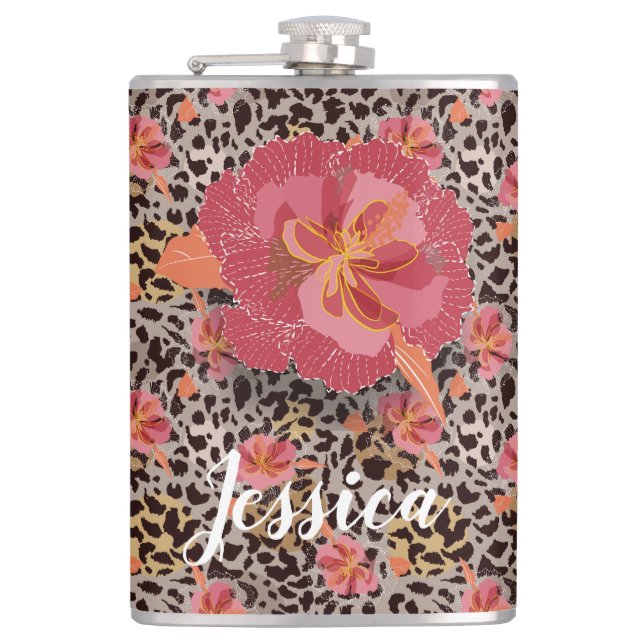 Leopard and Pink Flowers Flask (Front)