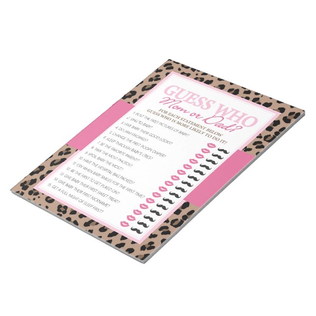 Leopard and Pink Guess Who Baby Shower Game Pack Notepad (Angled)