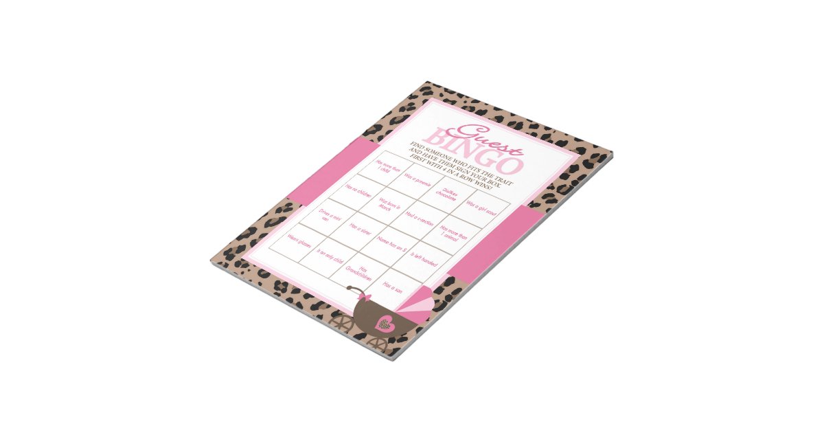 Leopard and Pink Guest Bingo Baby Shower Game Pack Notepad | Zazzle
