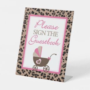 Leopard and Pink Guestbook Baby Shower Pedestal Sign