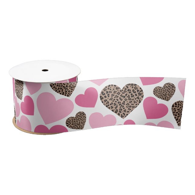 Leopard and Pink Hearts Satin Ribbon (Spool)