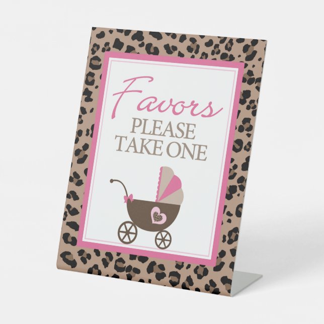 Leopard and Pink Party Favor Baby Shower Pedestal Sign (Front)
