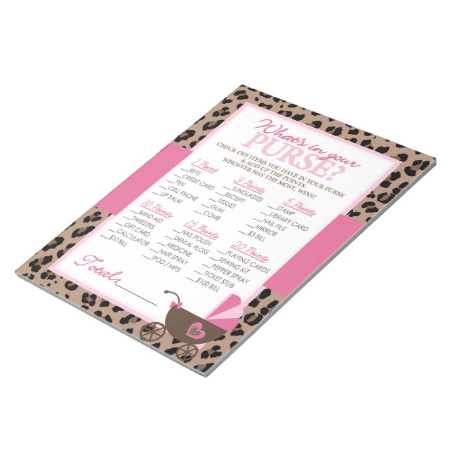 Leopard and Pink What's In Your Purse Shower Game Notepad (Angled)