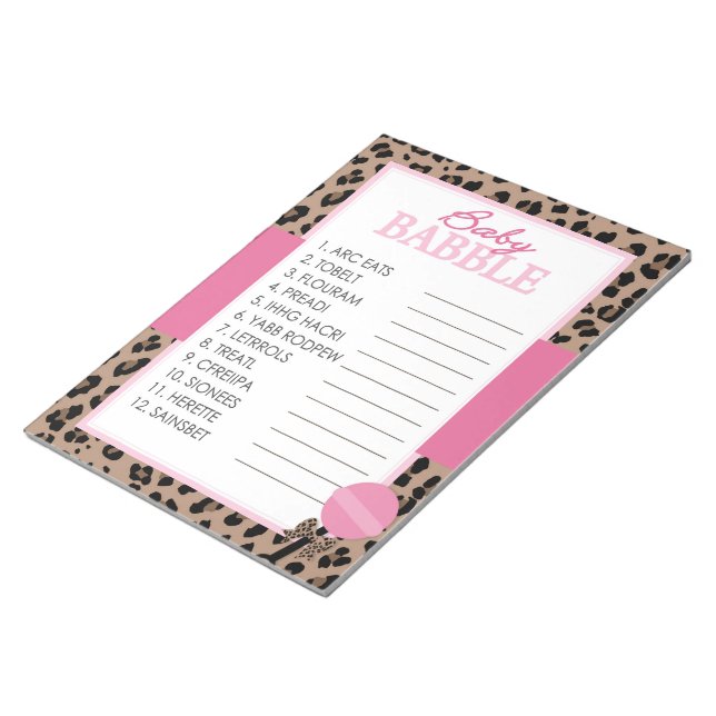 Leopard and Pink Word Unscramble Baby Shower Game Notepad (Angled)