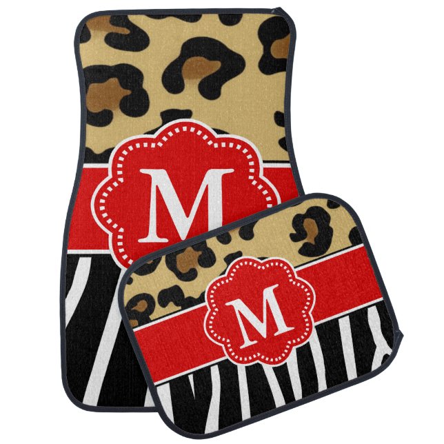 Leopard and Zebra Red Monogram Car Mat (Set)