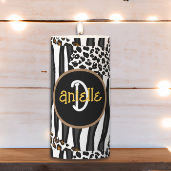 Leopard And Zebra Stripes Print Personalized Pillar Candle by Magical_Maddness at Zazzle