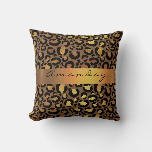 Leopard Animal Black Lux Gold Stripe Name Africa Throw Pillow